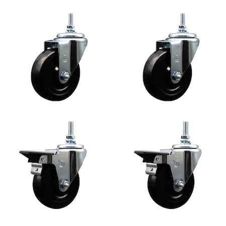 Service Caster 4 Inch Hard Rubber 38 Inch Threaded Stem Caster Set 2 Brakes SCC SCC-TS20S414-HRS-381615-2-PLB-2